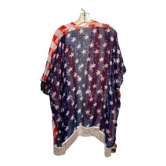 Kimono Red White and Blue American Flag Scarf with 3" White Hemline Fringe - Picture 2 of 8